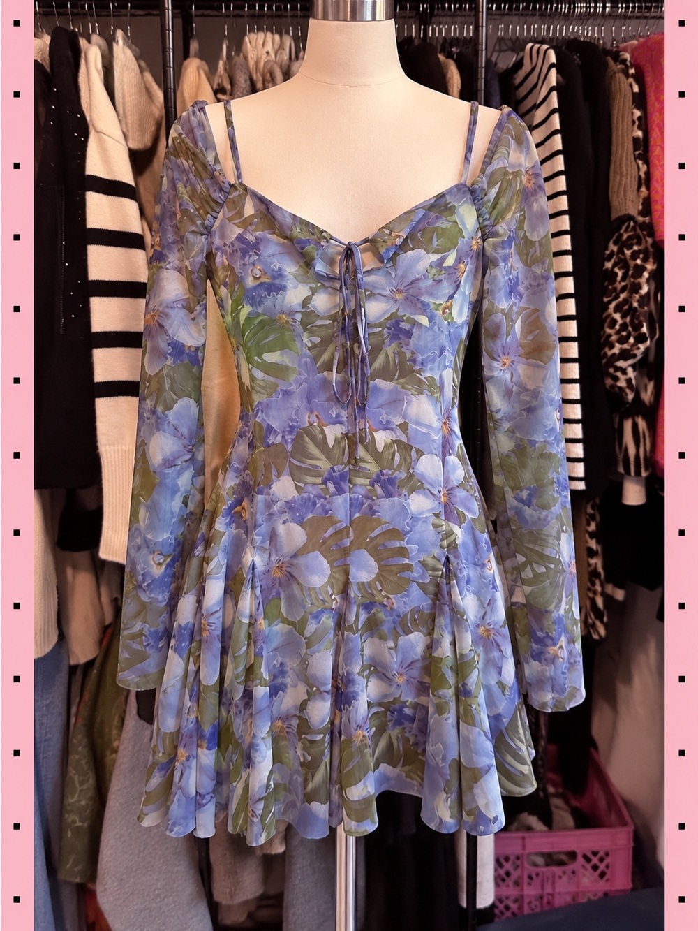 Zara Blue Floral Long-Sleeve Fit-and-Flare Dress